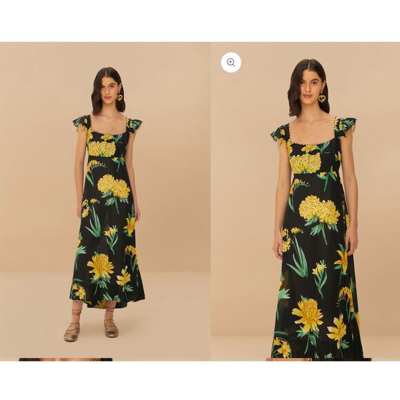 FARM Rio Dresses & Skirts - Farm Rio Alice Flowers Black Maxi Dress Yellow Floral Flutter Sleeve Size S